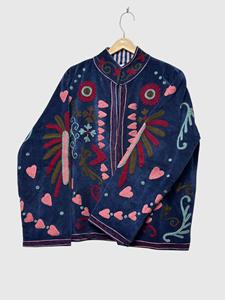 Pink Embroidered Cotton Jacket Full Sleeve Mandarin Collar Floral Pattern Plus Size Women'<b>s</b> Spring Wear - Product Image 4