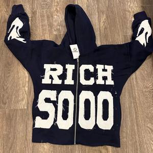 Sweat-shirts à capuche zippés pour hommes, 100 % coton, fabriqués sur mesure, avec logo brodé appliqué effet vieilli, coupe ample et ourlet brut - Product Image 3