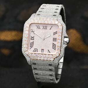 Montre de luxe simple en acier inoxydable de forme carrée avec cristal de verre rose glacé en moissanite, mouvement à quartz étanche - Product Image 1