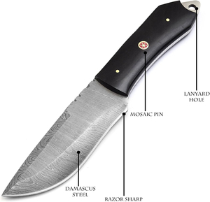 Couteau de chasse à lame fixe en acier Damas fait main, couteau de survie de qualité supérieure pour l'extérieur avec étui en cuir - Product Image 3