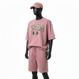 Men Premium Washed Cotton Jersey Shirt And Short Set 240GSM Soft Pink Heavyweight Screen Print Puff Logo Men's Jogging Short Set - Product Image 4