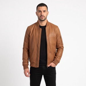 Chaqueta de Cuero Tipo Bomber para Hombre, Corte Ajustado, Cuello de Piel de Cordero, Forro Acolchado, Chaqueta de Aviador de Cuero Genuino, Logotipo Personalizado OEM - Product Image 1