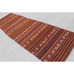 Turkish Rug, 4x13.5 ft <b>Runner</b> Rug, <b>Red</b> Blue Kilim Wool Rug - Product Image 4