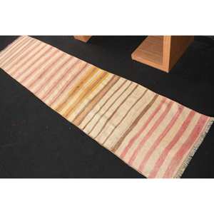 Modern Beige <b>Pink</b> <b>Wool</b> Rug 1.9 X 8.7 ft Flat Weave Turkish Patchwork Design for Living Room Decorations with Latex Backing - Product Image 4