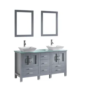 Modern 60 Inch Floor Standing Solid Oak Wood Bathroom Furniture Double Sink Bath Vanity with Mirror