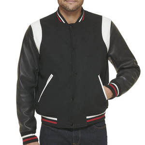 Blouson bombardier classique Letterman à rayures côtelées pour homme Veste à boutons-pression Streetwear athlétique élégante Veste en cuir noir bleu marine - Product Image 5