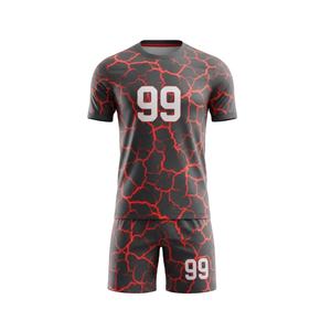 Uniforme de Fútbol Sublimado Personalizado 100% Poliéster, Conjunto de Camiseta y Pantalones Cortos con Patrón Lava Rojo y Gris, Número 99 - Product Image 1