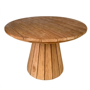 <b>Outdoor</b> Solid Teak Wood <b>Round</b> Dining Set Fluted Pedestal <b>Table</b> Woven Rattan Webbing Armchairs Garden Furniture Setup Decor - Product Image 1