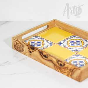 Bandeja decorativa rectangular de madera de olivo con incrustaciones de cerámica Artículo de decoración para el hogar Premium - Product Image 3