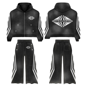 Survêtement personnalisé pour hommes avec patch en détresse sweat à capuche zippé pantalon évasé survêtement pantalon de survêtement unisexe lavé à l'acide et ensemble de sweat à capuche - Product Image 1