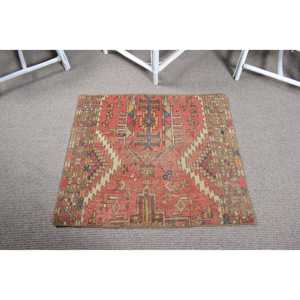 Vintage Turkish Small Eco-Friendly Latex Backing Rug 2.6x3.1 ft <b>Red</b> Blue Patchwork <b>Wool</b> Rug - Product Image 3