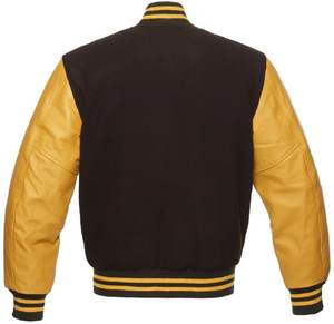 Chaqueta térmica de invierno personalizada Cuerpo de Lana granate Mangas de cuero de oro amarillo Piel de oveja Chaqueta Varsity Letterman - Product Image 2