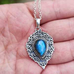 Natural Labradorite Pear Shape Pendant <b>Necklace</b> Fine Sterling <b>Silver</b> Birthstone Pendant with <b>Silver</b> <b>Necklace</b> - Product Image 1