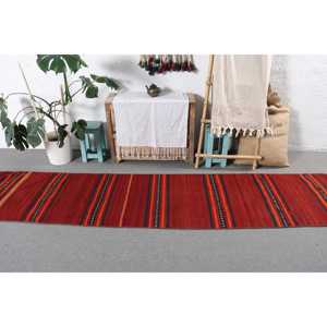 Turkish <b>Runner</b> Rug, 2.9x11.7 ft Vintage Rug, <b>Red</b> Kilim Wool Rug - Product Image 3