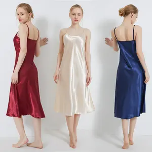 Fashion Female Satin Nightgown Lady Sexy O Neck Spaghetti Strap Nightdress Long Night Dresses For Woman