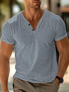 Moda de verano para hombre para camisa POLO 100% algodón Color sólido ligero Casual hogar suelto botón cuello en V pulóver de manga corta Breatha - Product Image 5