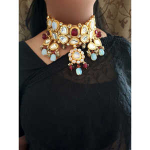 ชุดเครื่องประดับสุดหรูสีแดง kundan polki สำหรับสุภาพสตรีสร้อยคอเจ้าสาวต่างหูชุบทองวัสดุทองแดงสแตนเลส - Product Image 1