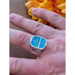 Navajo-Made Men's Inlay Ring with Kingman Turquoise & Sterling <b>Silver</b> Cultural Collectible Jewelry Size 13.75 - Product Image 2