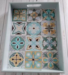 Natural Botanical Flower Pattern Wood Serving <b>Tray</b> Rectangular Decorative Coffee Table Platter With Handles For Kitchen Decor - Product Image 5