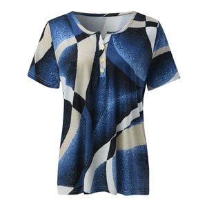 T-shirts en polyester à la mode décontractée pour femmes, boutons à col en U, manches courtes, coupe ample, motif imprimé pour la sublimation en vrac - Product Image 1