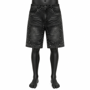 Pantalones Cortos Vaqueros de Mezclilla con Pedrería Lavados Estilo Vintage para Hombre, Holgados, Estilo Urbano, OEM ODM, Etiqueta Privada Personalizada, Venta al por Mayor - Product Image 1