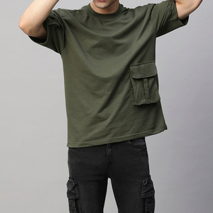 เสื้อยืดผู้ชายหรูหราแบรนด์เสื้อผ้าแนวสตรีทคุณภาพสูงเสื้อยืดคาร์โก้สีทึบสำหรับผู้ชาย-สีเขียวมะกอก - Product Image 5