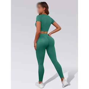 <b>Women's</b> Activewear 2 Pcs Yoga Workout Set, Highest Quality In <b>Green</b> Color Breathable Cotton T-Shirt And <b>Leggings</b> Set - Product Image 4