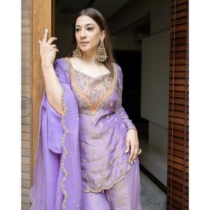 Conjunto de Traje Sharara de Organza Tradicional de Lujo al por Mayor, Kurta Bordada, Pantalones Sharara Acampanados, Dupatta a Juego, Ropa de Fiesta para Mujer - Product Image 4