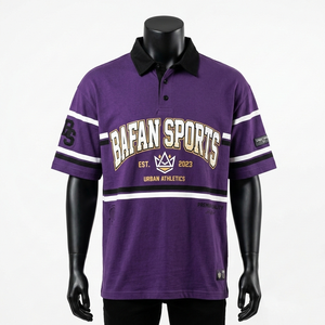 เสื้อโปโลรักบี้ชาย 220 GSM ผ้าฝ้ายผสมโพลีเอสเตอร์ เสื้อรักบี้สีม่วงขาวลายทางปักโลโก้ - Product Image 1