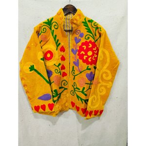 Sujani Reversible Quilted <b>Velvet</b> Cotton <b>Jacket</b>-Boho Lace Trim Coat for <b>Women</b> Large Autumn/Winter - Product Image 1