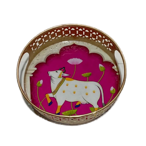 Plateau Pichwai traditionnel Diwali mariage décor à la maison plateau Pooja conception personnalisée exportation qualité plateaux ronds en métal imprimé floral - Product Image 2