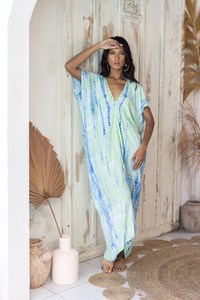 Vestido Kaftan Largo Holgado Estilo Playero con Estampado Tie Dye, Hecho a Mano, Manga Corta, Informal, para Mujer - Product Image 5