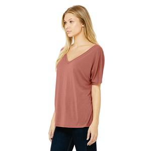 65% Poly 35% Viscose 32 Single 3.7 oz Mauve Womens Slouchy <b>V</b>-<b>Neck</b> <b>T</b>-<b>Shirt</b> With Subtle Curved Bottom Cotton - Product Image 2