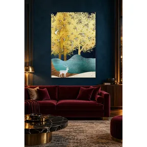 Impression sur toile Fida avec des arbres dorés et des cerfs blancs sur fond clair - Product Image 1