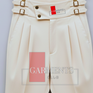 กางเกงทรงกูร์กาเอวสูงสไตล์อิตาลีสำหรับผู้ชาย กางเกงทรงสุภาพแบบจีบสองชั้นพร้อมหัวเข็มขัดปรับด้านข้าง กางเกงลำลองแบบสั่งตัด - Product Image 5