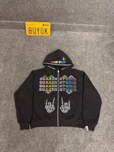 Sudadera con capucha y cremallera con diamantes de imitación de alta calidad hecha a medida, sudadera con capucha con diamantes de imitación de algodón pesado, Sudadera con capucha bordada 500 GSM - Product Image 3