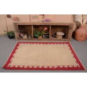 Turkish Accent Rug 3.6x5.6 ft <b>Red</b> Beige Patchwork <b>Wool</b> Rug with Latex Backing Eco Friendly - Product Image 3
