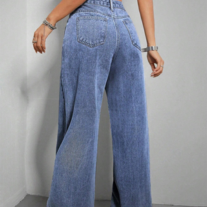 Pantalons en jean à jambes larges personnalisés en gros pour femmes, taille haute, jambe droite, évasés, décontractés - Product Image 4