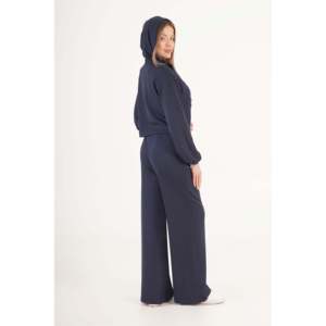 Women's Modal Blend <b>Cardigan</b>, Crop Top, and Pants Three-Piece Set - Comfortable <b>Navy</b> Blue Wholesale Outfit by LUSTRIN - Product Image 4
