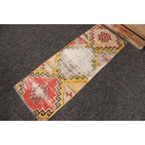 Vintage Rug, 1.9x5.1 ft Small Turkish Rug, Herki <b>Yellow</b> Red Geometric Rug - Product Image 3