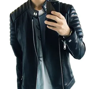 남자 최고 좋은 품질 블랙 정품 양가죽 오토바이 재킷 사용자 정의 어깨 패턴 겨울 착용 가죽 자켓 남성용