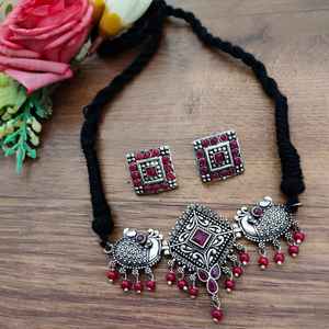 Collar de Gargantilla oxidado con pendientes, conjunto de joyería Bohemia para mujer, ideal para Sari, Kurti, aspecto indooccidental y festivo - Product Image 4