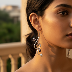 Boucles d'oreilles pendantes vintage pour femmes en argent 925 avec pierres précieuses multiples, perle d'eau douce et émeraude, motif de fleur en diamant pour mariage - Product Image 3