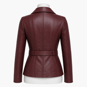 Luxury Women <b>Burgundy</b> <b>Leather</b> Belted <b>Jacket</b> Tailored Slim Fit Asymmetric Zip Notch Lapel Elegant Urban Fashion Custom Outerwear - Product Image 4
