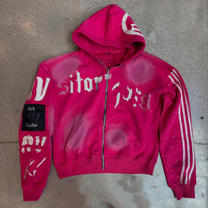 Sudadera con capucha y sudadera para hombre Vintage lavada con ácido y cremallera DTG de algodón personalizado de alta calidad con diamantes de imitación desteñidos al sol - Product Image 4