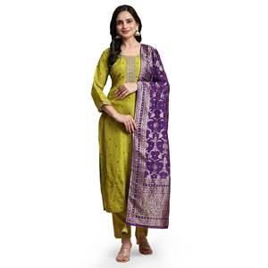 Trendmalls Conjunto de traje Salwar étnico de seda pura para mujer Pantalón Kurta bordado con Jaquard Dupatta () - Product Image 1
