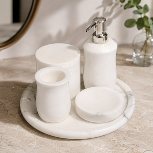Wholesale Stone Era Eco-Friendly Modern Luxury Four-Piece Smooth White Marble <b>Bathroom</b> <b>Accessories</b> <b>Set</b> Soap Dispenser Tumbler - Product Image 1