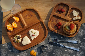 Plateau de service carré en teck massif écologique de 20 cm, motif uni, 3 compartiments, pour pique-niques en plein air, camping, gravé - Product Image 5