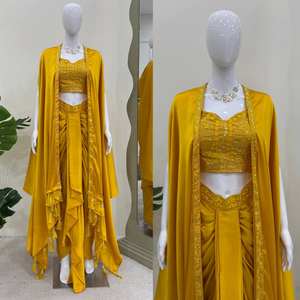 Ensemble femme élégant en satin de soie avec choli à micro-détails et sequins, associé à un pantalon de style dhoti et un shrug entièrement cousu - Product Image 3