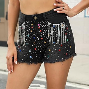 Pantalones cortos de cintura alta con diamantes de imitación brillantes para mujer Festival Party Wear Mujeres Bling Jean Shorts - Product Image 3